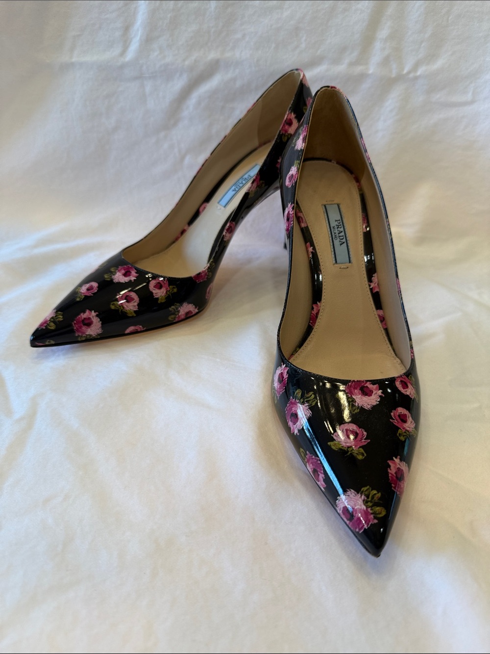 Prada Black Patent Leather Pointed-Toe Pumps with Pink Floral Pattern